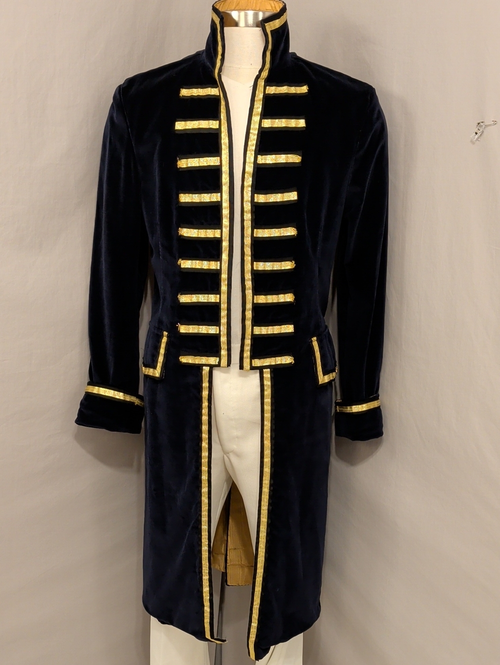 Costume Handmade Navy Blue Velvet Military Antique Style Coat w Gold Trim Men's